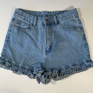 SHEIN WOMENS JEAN SHORTS MEDIUM HIGH RISE WAIST RUFFLE BLUE